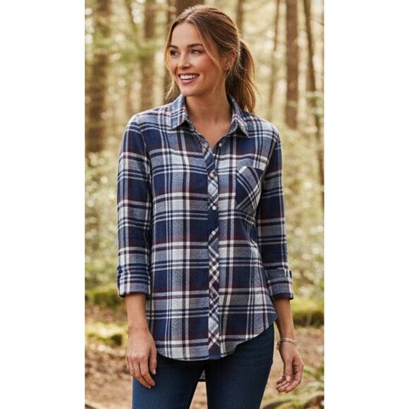 Barbour Women 10 Navy Blue/ Red Plaid Pockets Roll Tab Tunic Button Front Shirt - Picture 1 of 7